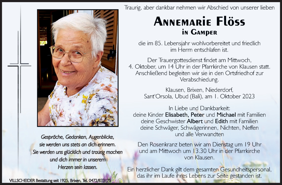  Traueranzeige für Annemarie Gamper vom 03.10.2023 aus Dolomiten