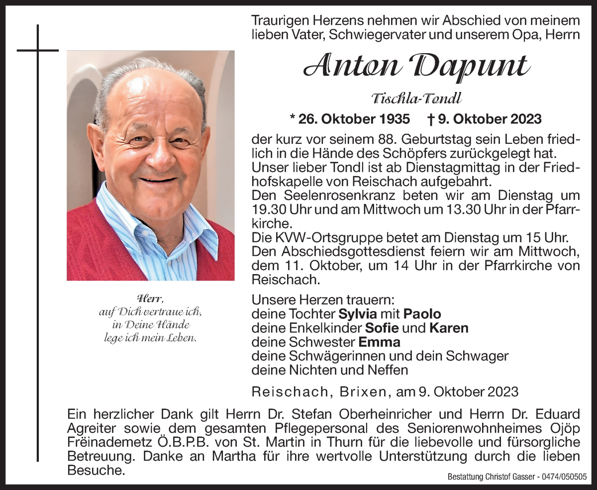  Traueranzeige für Anton Dapunt vom 10.10.2023 aus Dolomiten