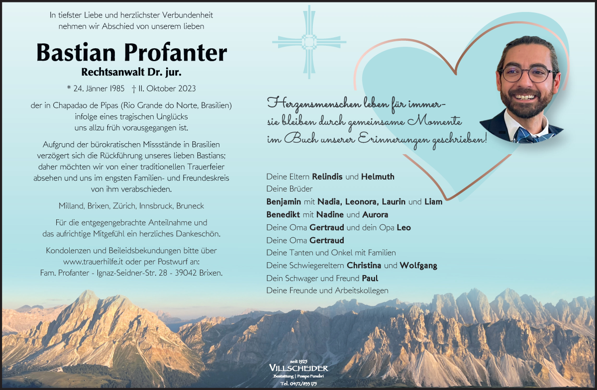  Traueranzeige für Bastian Profanter vom 27.10.2023 aus Dolomiten
