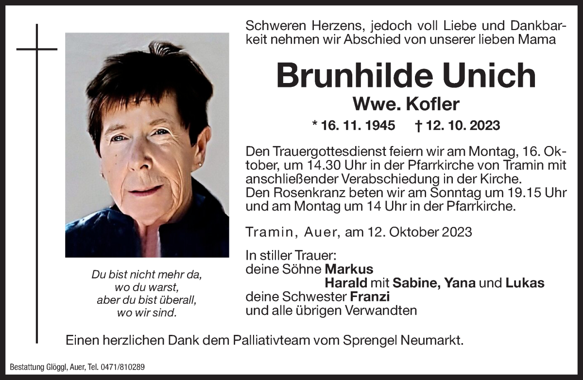  Traueranzeige für Brunhilde Kofler vom 14.10.2023 aus Dolomiten