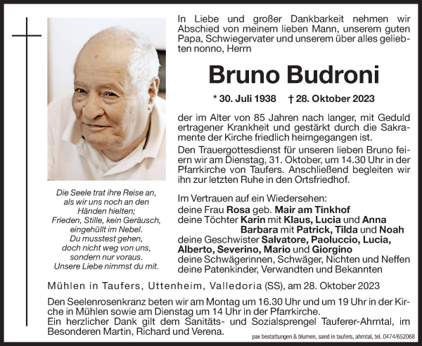 Traueranzeige von Bruno Budroni von Dolomiten