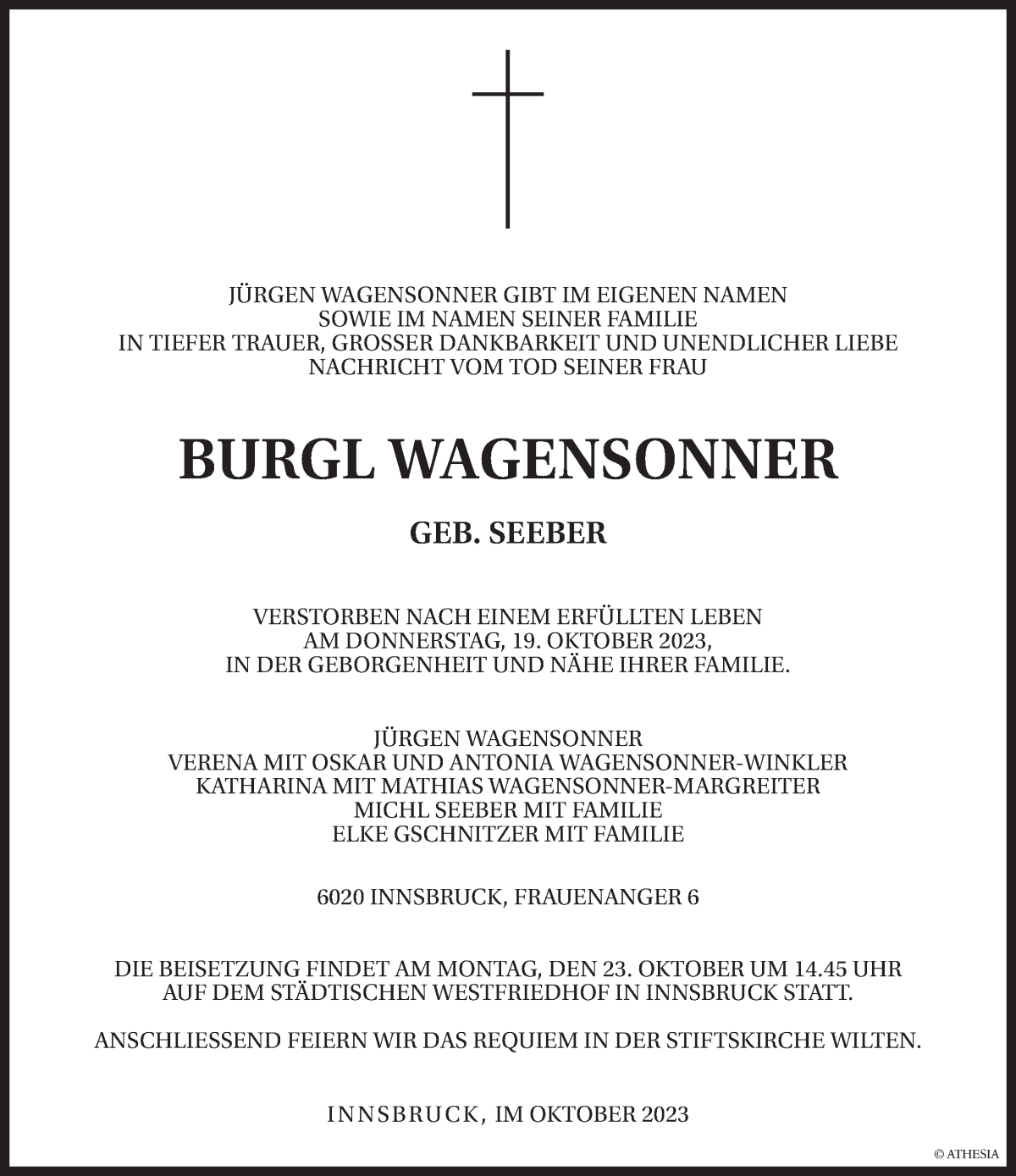  Traueranzeige für Burgl Wagensonner vom 21.10.2023 aus Dolomiten