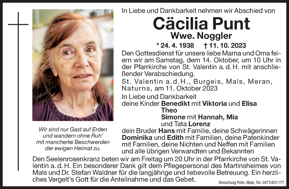  Traueranzeige für Cäcilia Noggler vom 13.10.2023 aus Dolomiten
