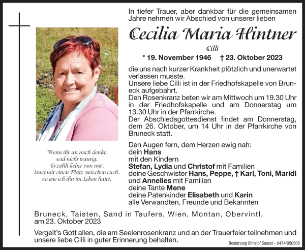 Traueranzeige von Cecilia Maria Hintner von Dolomiten