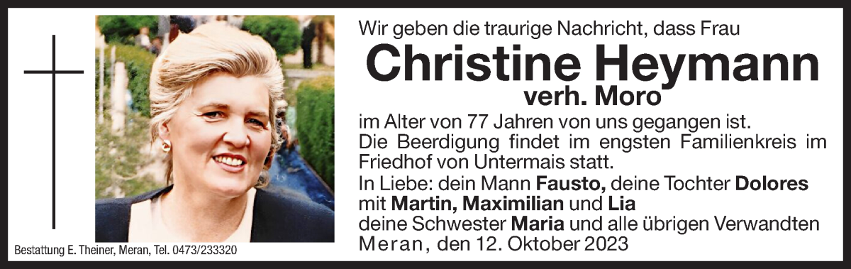  Traueranzeige für Christine Moro vom 20.10.2023 aus Dolomiten