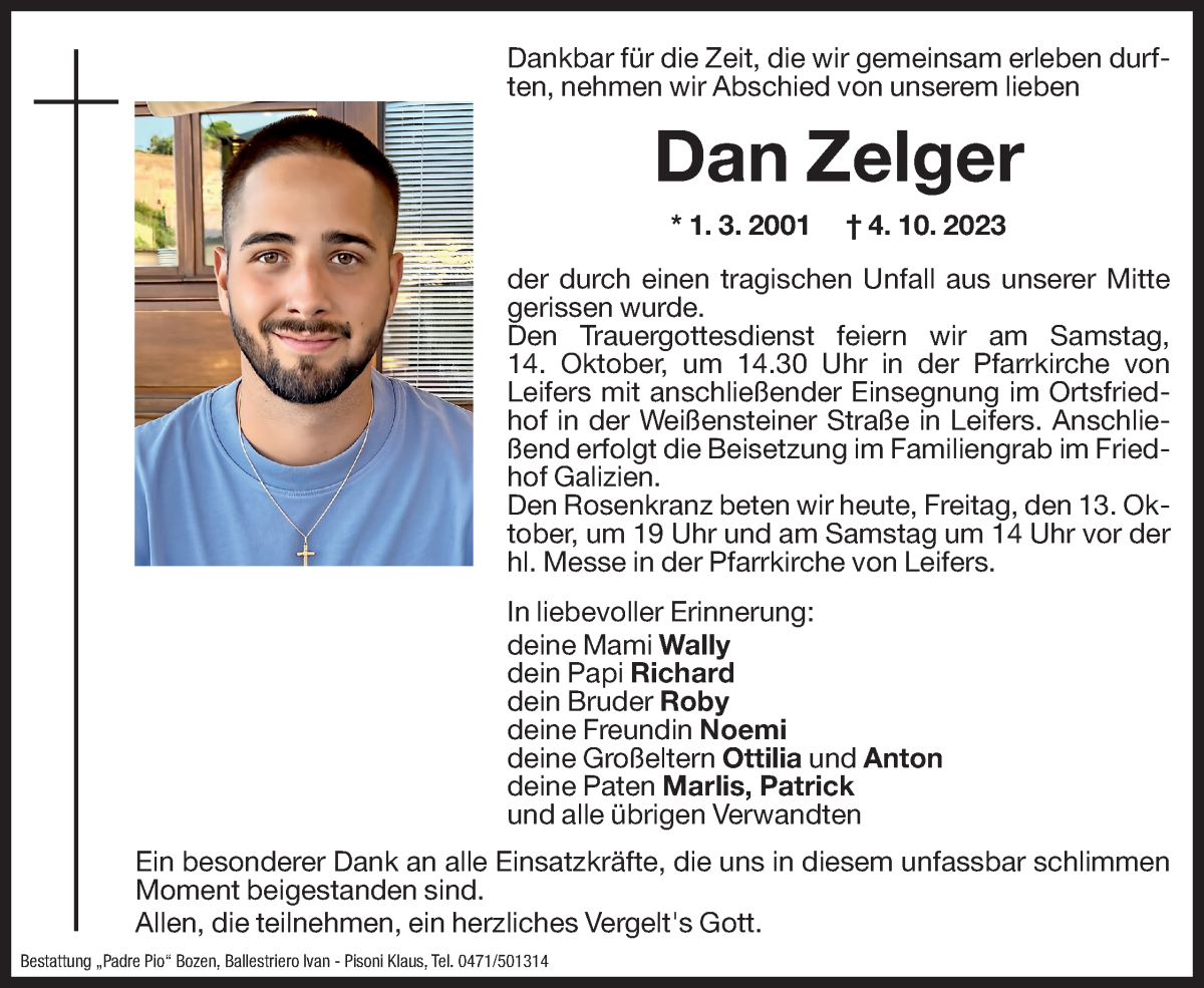  Traueranzeige für Dan Zelger vom 13.10.2023 aus Dolomiten