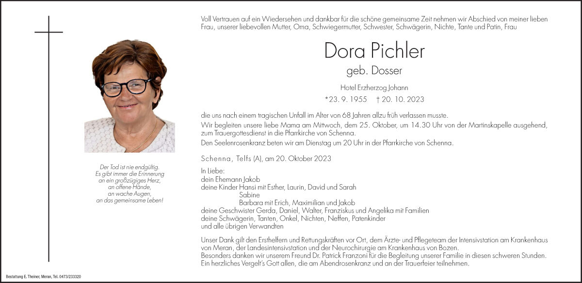  Traueranzeige für Dora Pichler vom 23.10.2023 aus Dolomiten