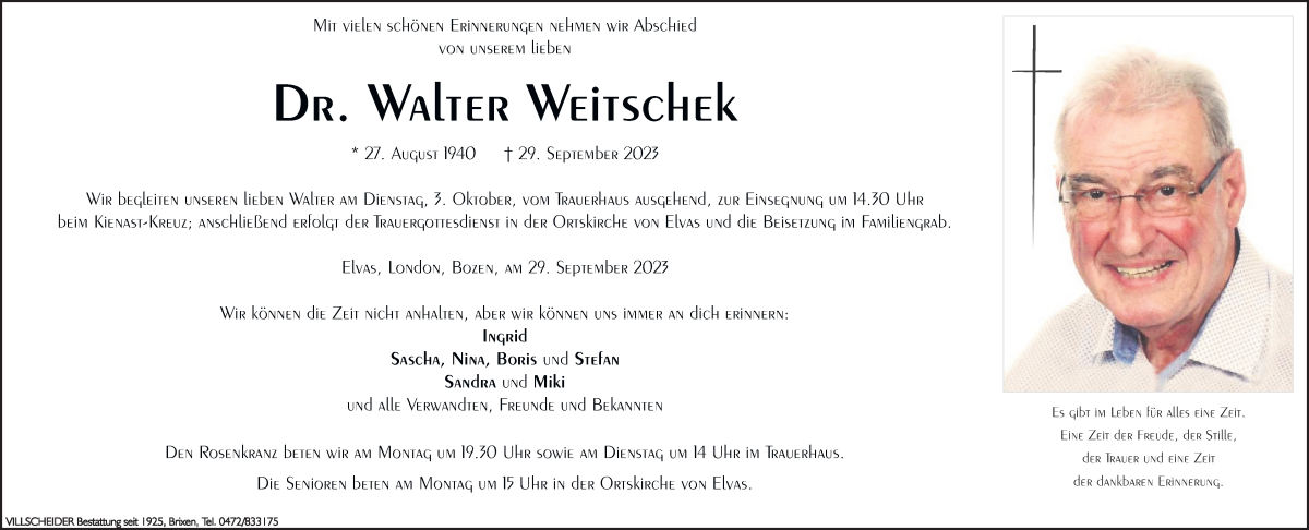 Traueranzeige für Dr. Walter Weitschek vom 02.10.2023 aus Dolomiten