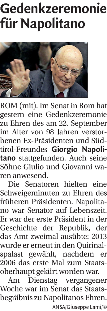 Traueranzeige von Giorgio Napolitano von Dolomiten