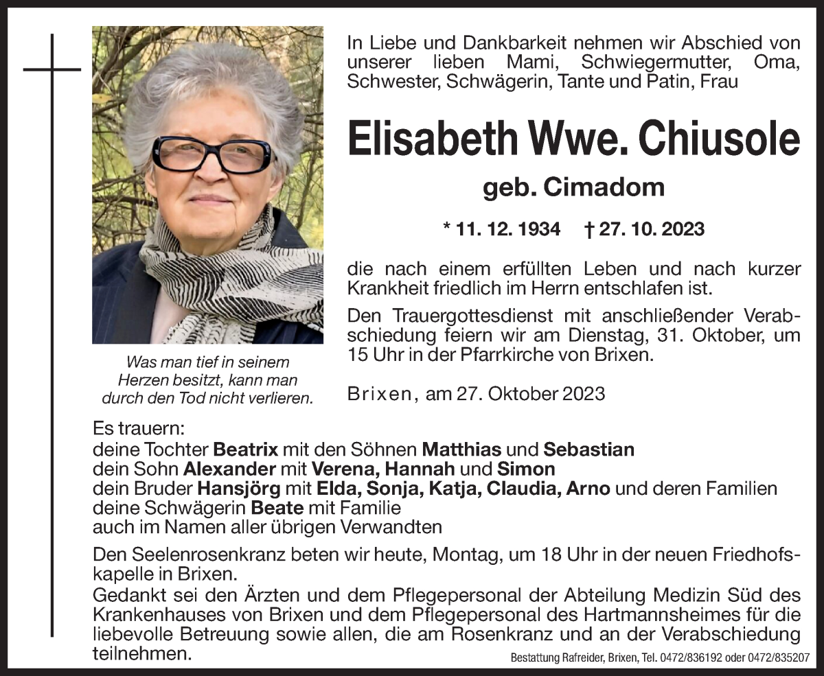  Traueranzeige für Elisabeth Chiusole vom 30.10.2023 aus Dolomiten