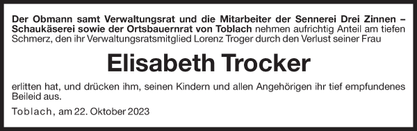 Traueranzeige von Elisabeth Troger von Dolomiten