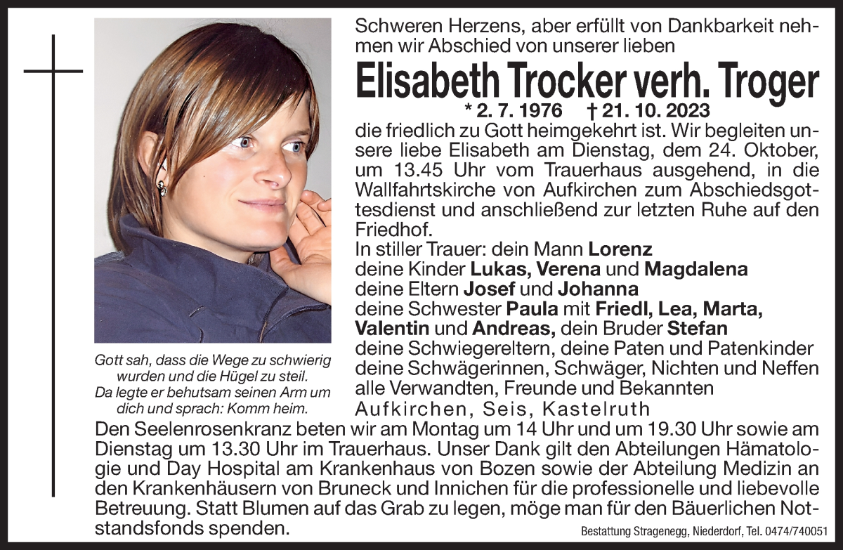  Traueranzeige für Elisabeth Troger vom 23.10.2023 aus Dolomiten