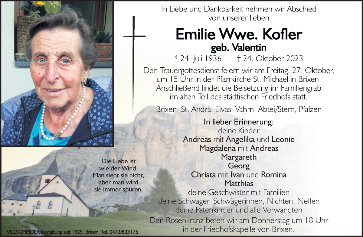  Traueranzeige für Emilie Kofler vom 26.10.2023 aus Dolomiten
