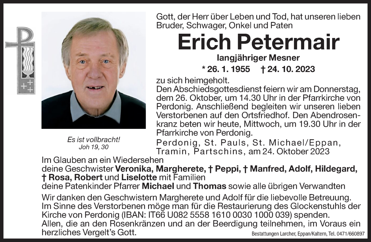  Traueranzeige für Erich Petermair vom 25.10.2023 aus Dolomiten