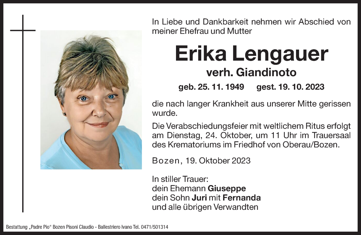  Traueranzeige für Erika Giandinoto vom 23.10.2023 aus Dolomiten