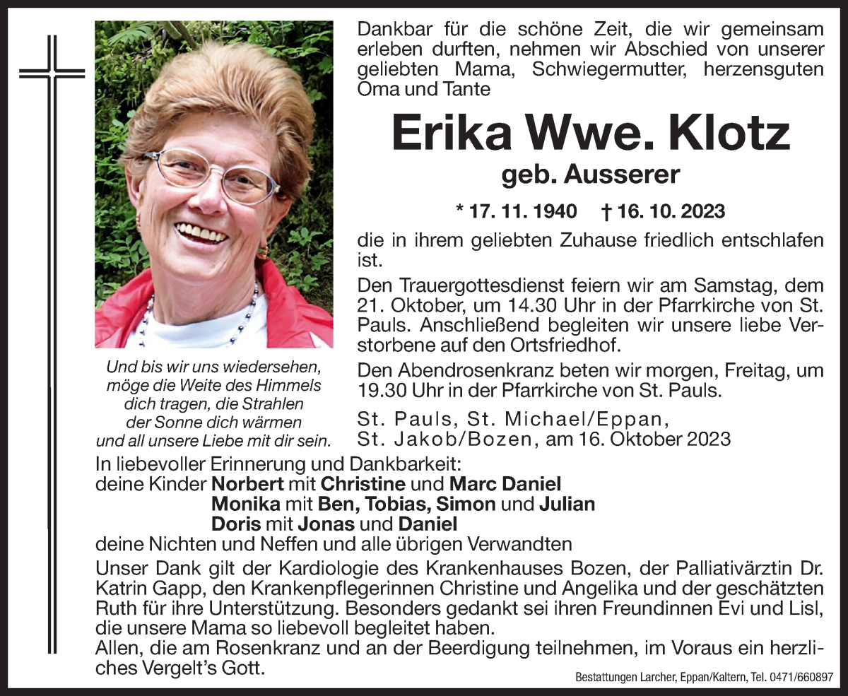  Traueranzeige für Erika Klotz vom 19.10.2023 aus Dolomiten