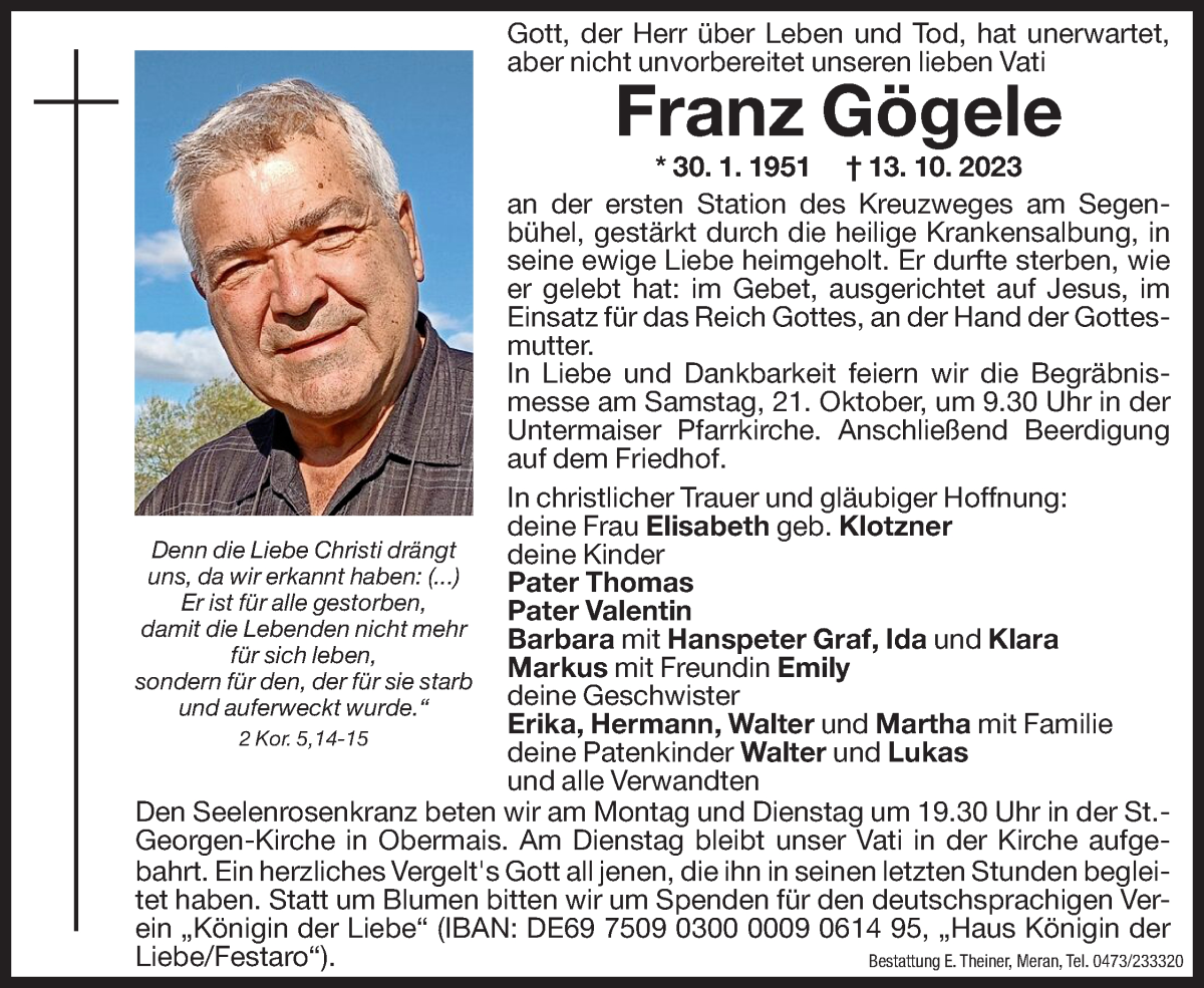  Traueranzeige für Franz Gögele vom 16.10.2023 aus Dolomiten