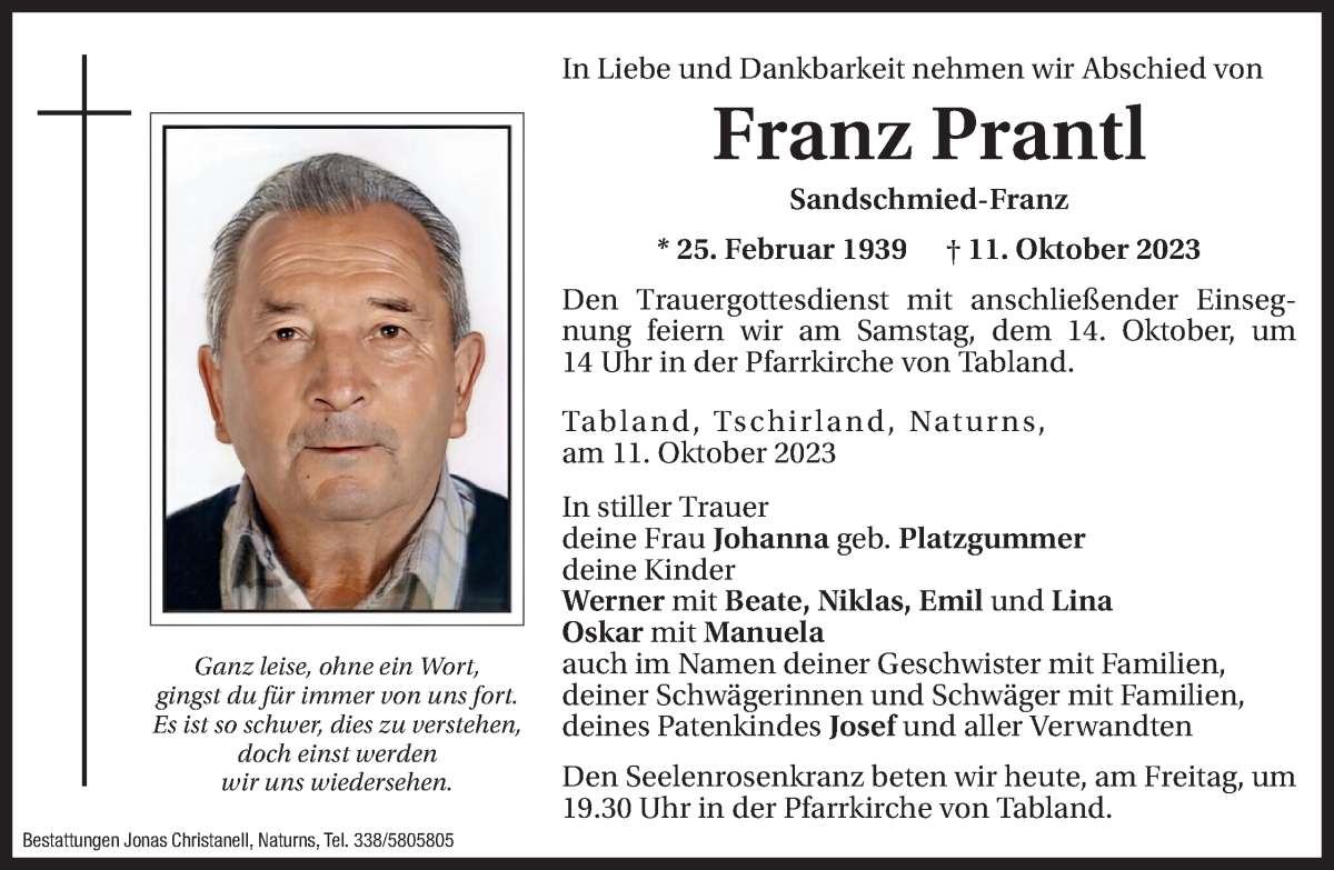  Traueranzeige für Franz Prantl vom 13.10.2023 aus Dolomiten