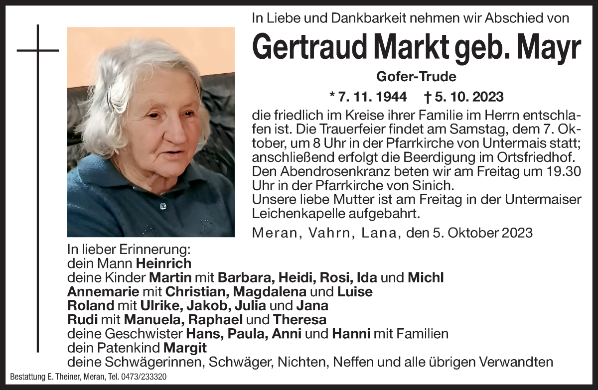  Traueranzeige für Gertraud Markt vom 06.10.2023 aus Dolomiten