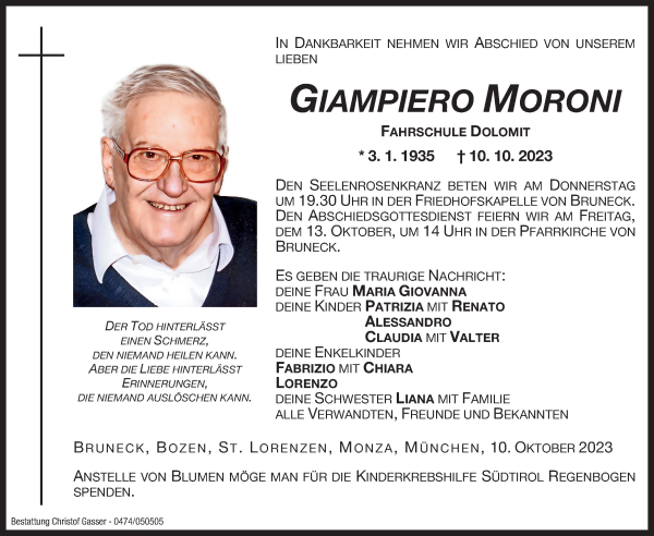 Traueranzeige von Giampiero Moroni von Dolomiten
