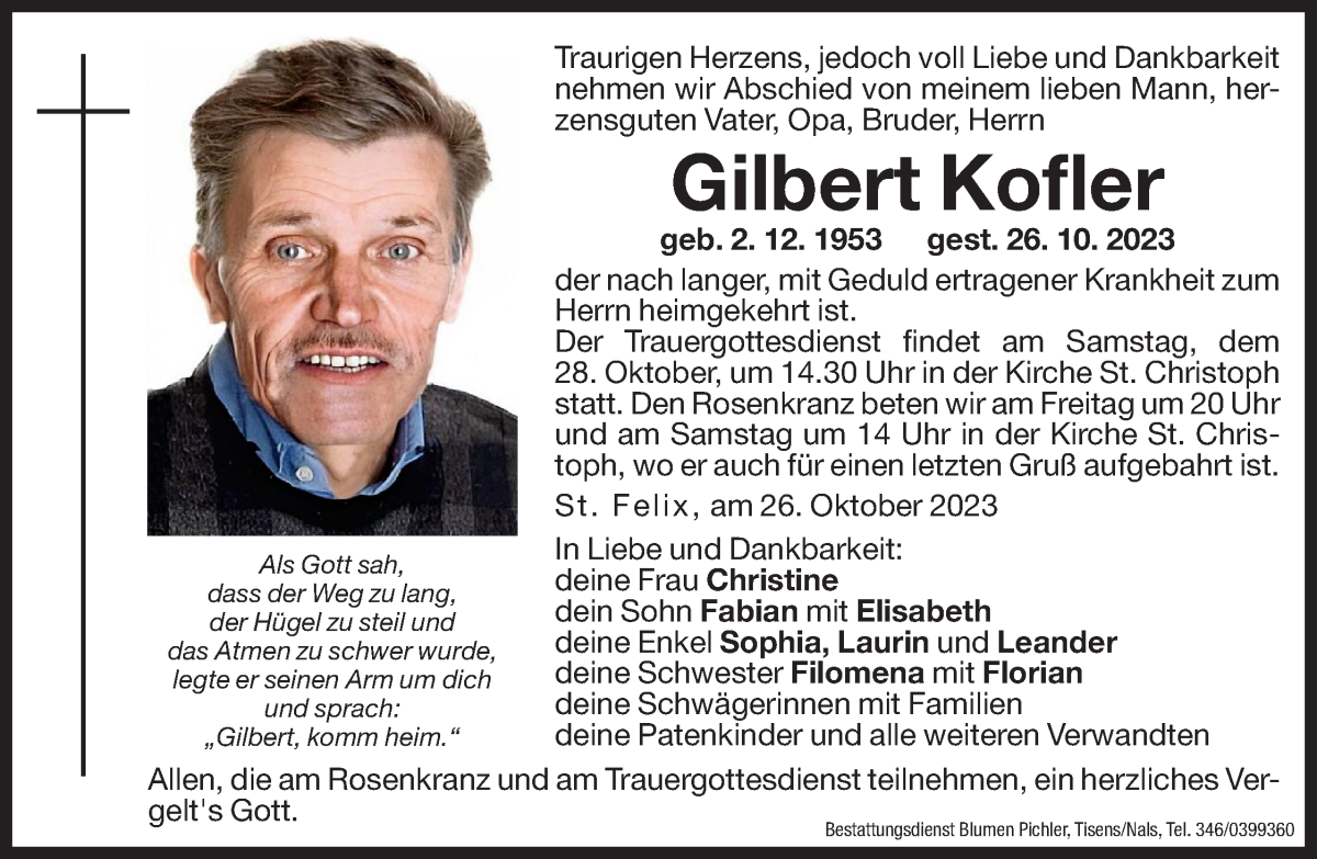  Traueranzeige für Gilbert Kofler vom 27.10.2023 aus Dolomiten
