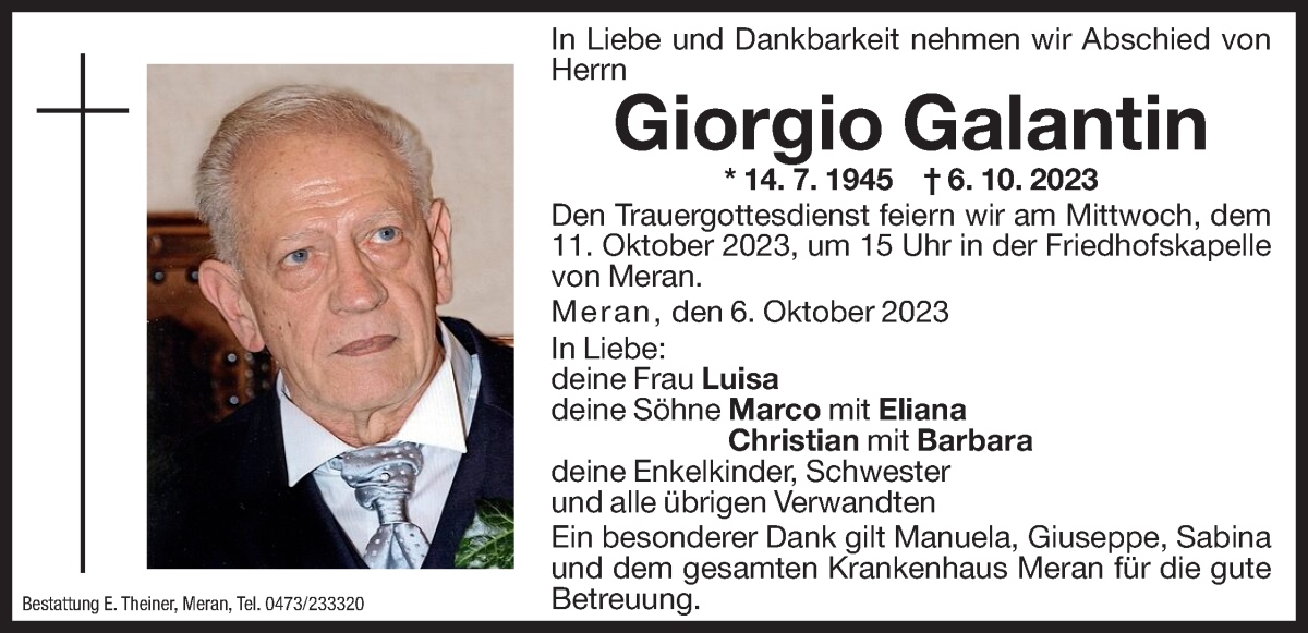  Traueranzeige für Giorgio Galantin vom 10.10.2023 aus Dolomiten