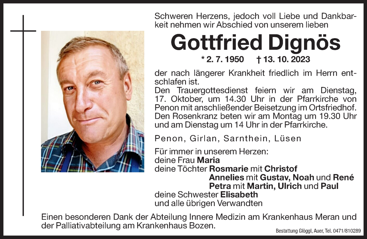  Traueranzeige für Gottfried Dignös vom 14.10.2023 aus Dolomiten