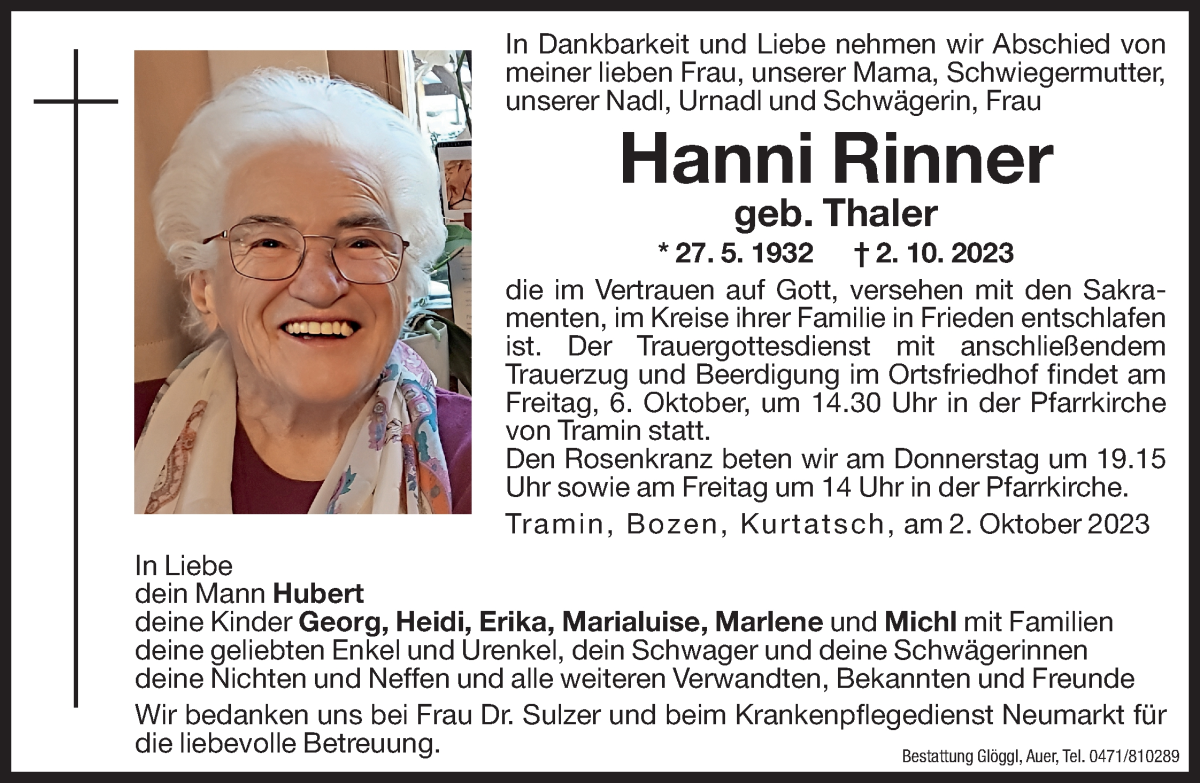  Traueranzeige für Hanni Rinner vom 04.10.2023 aus Dolomiten