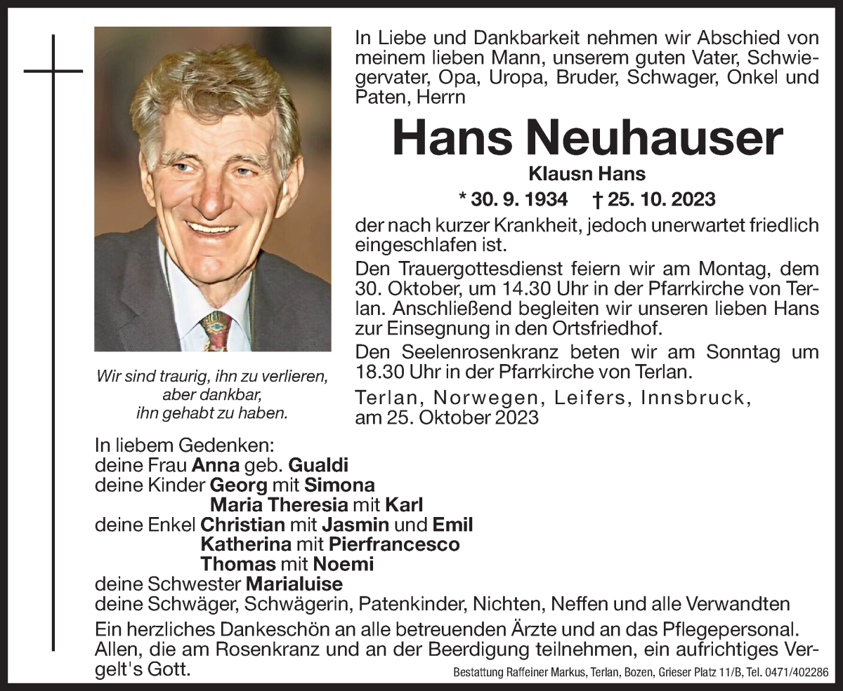  Traueranzeige für Hans Neuhauser vom 27.10.2023 aus Dolomiten