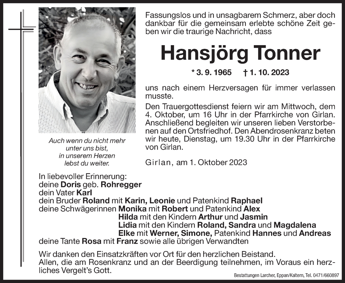  Traueranzeige für Hansjörg Tonner vom 03.10.2023 aus Dolomiten