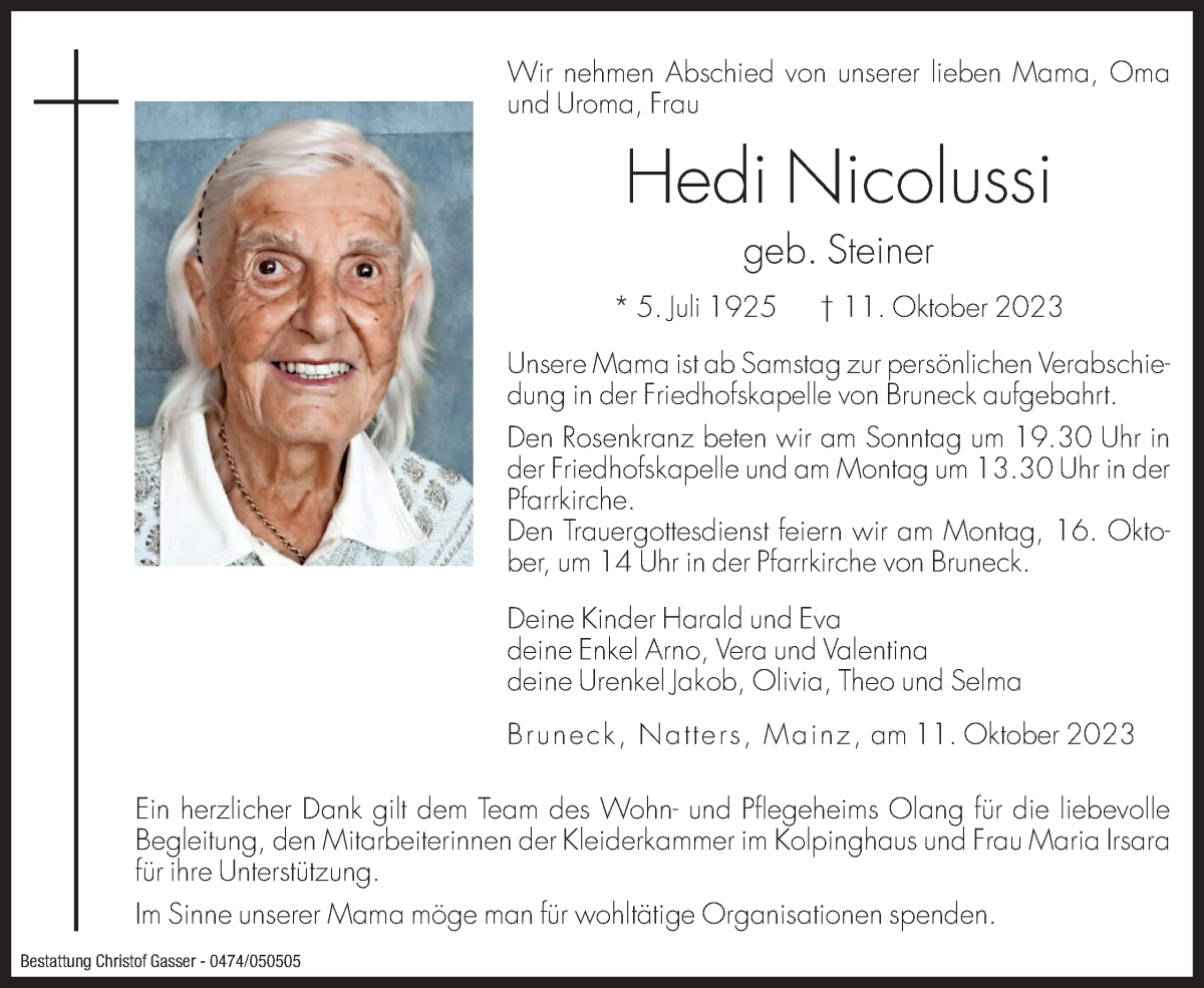  Traueranzeige für Hedi Nicolussi vom 13.10.2023 aus Dolomiten