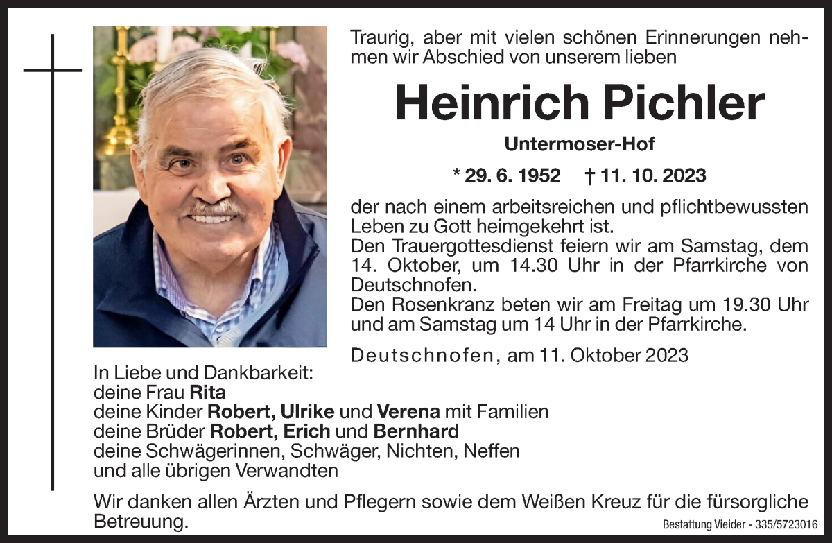  Traueranzeige für Heinrich Pichler vom 13.10.2023 aus Dolomiten