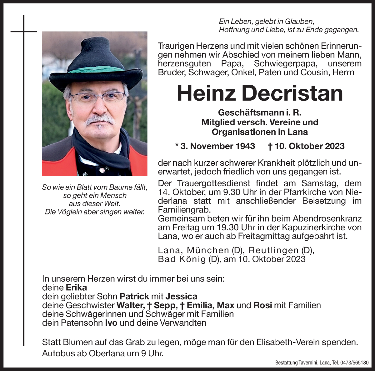  Traueranzeige für Heinz Decristan vom 12.10.2023 aus Dolomiten