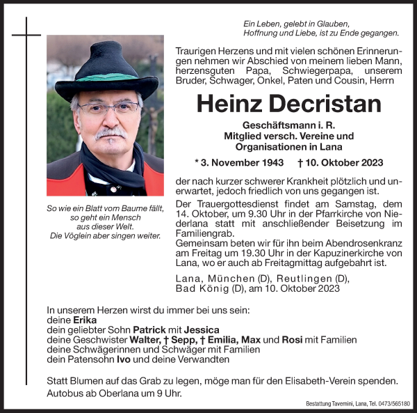 Traueranzeige von Heinz Decristan von Dolomiten
