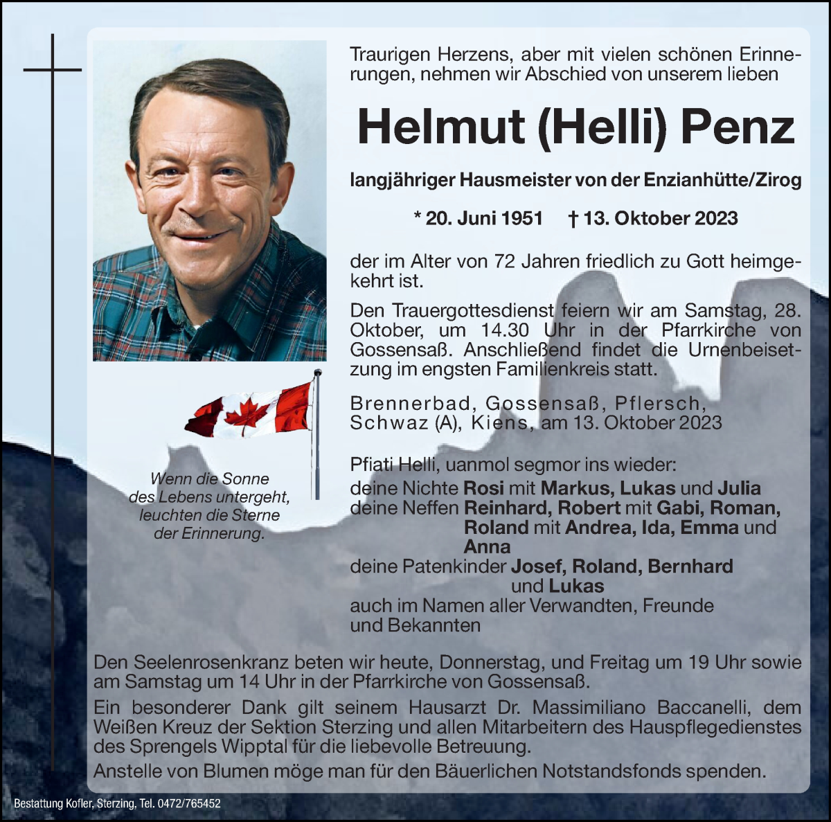  Traueranzeige für Helmut Penz vom 26.10.2023 aus Dolomiten
