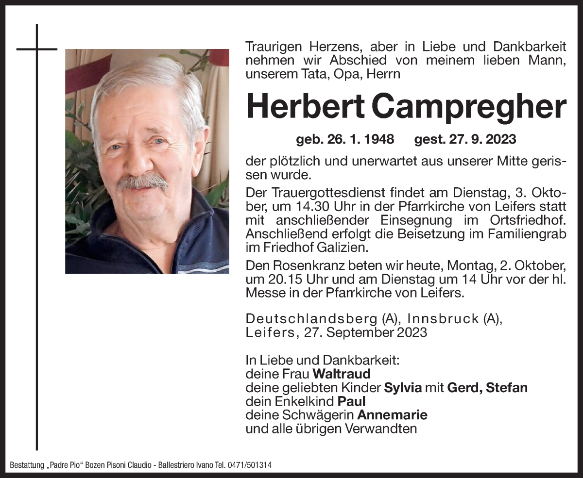  Traueranzeige für Herbert Campregher vom 02.10.2023 aus Dolomiten