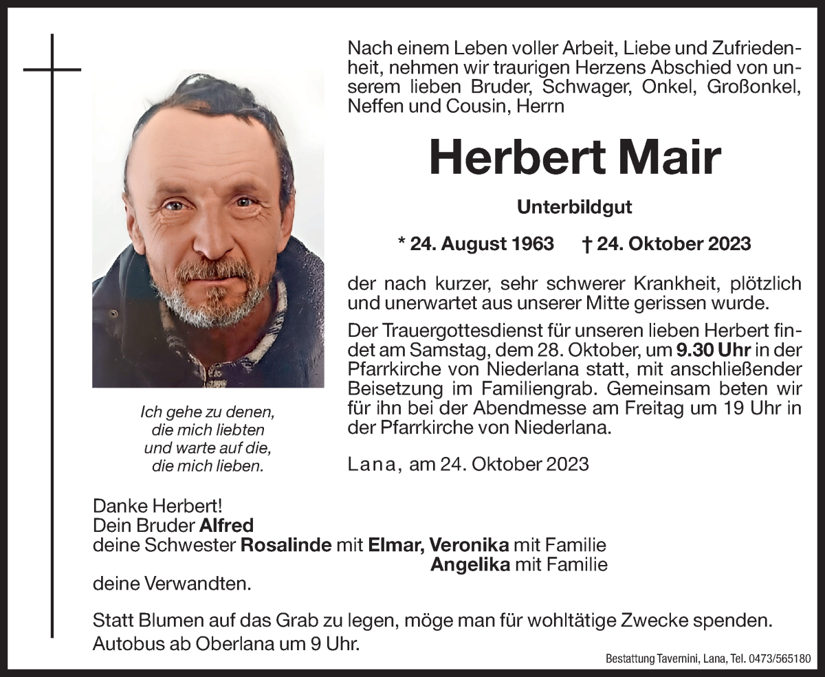  Traueranzeige für Herbert Mair vom 26.10.2023 aus Dolomiten