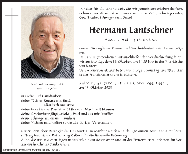 Traueranzeige von Hermann Lantschner von Dolomiten