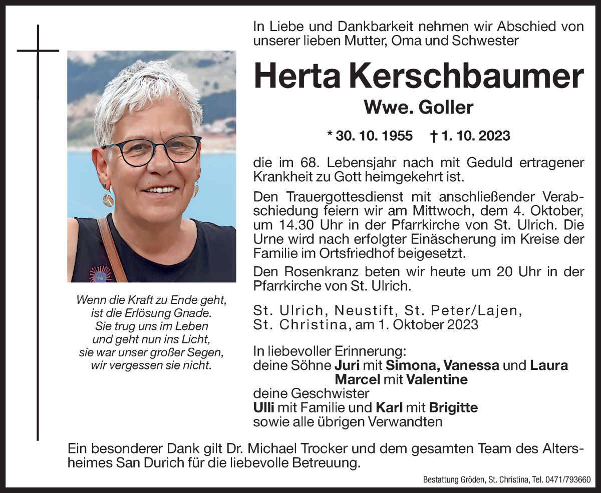  Traueranzeige für Herta Goller vom 03.10.2023 aus Dolomiten