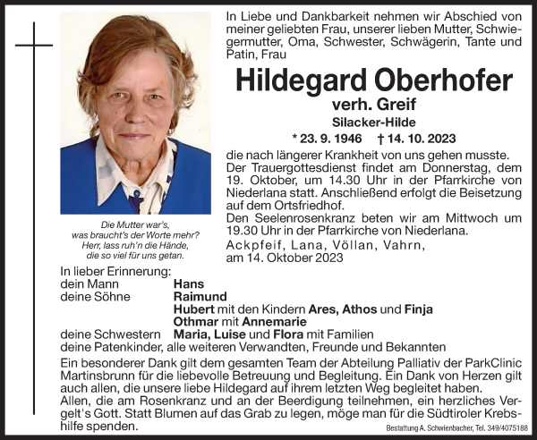 Traueranzeige von Hildegard Greif von Dolomiten