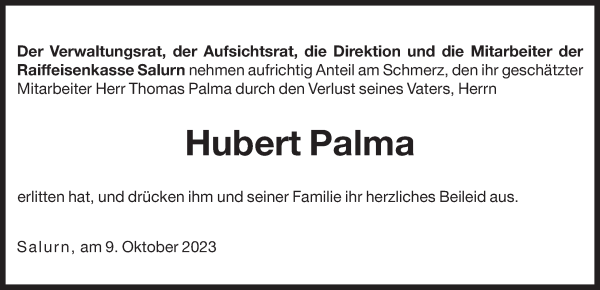Traueranzeige von Hubert Palma von Dolomiten