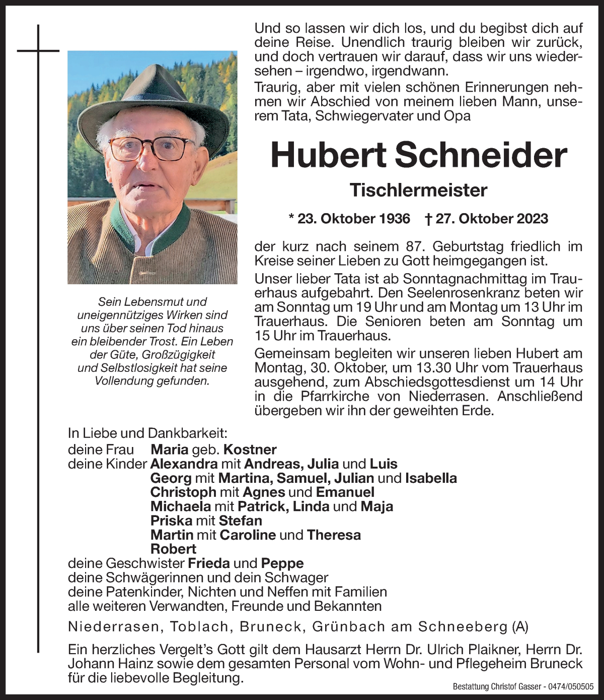  Traueranzeige für Hubert Schneider vom 28.10.2023 aus Dolomiten