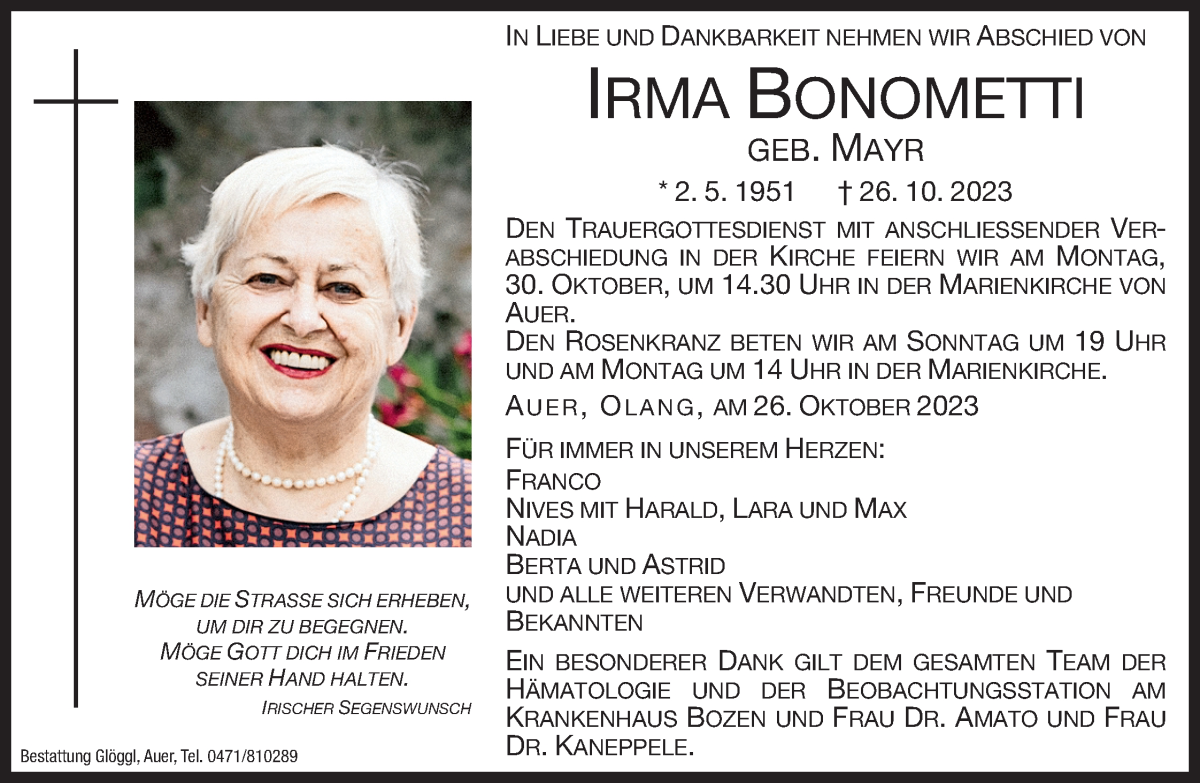  Traueranzeige für Irma Bonometti vom 27.10.2023 aus Dolomiten