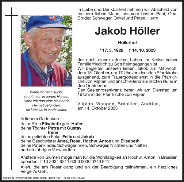 Traueranzeige von Jakob Höller von Dolomiten