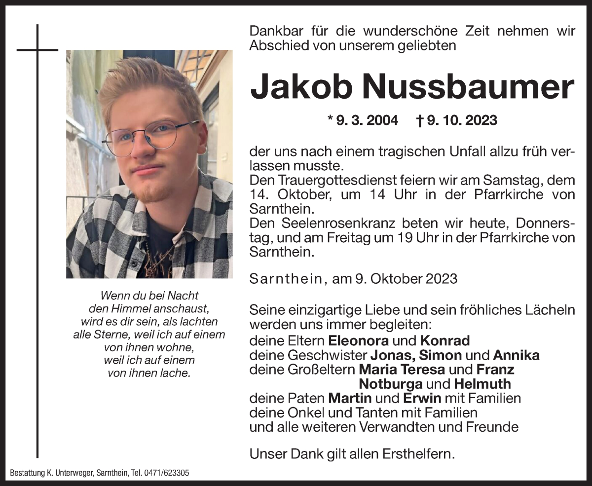  Traueranzeige für Jakob Nussbaumer vom 12.10.2023 aus Dolomiten