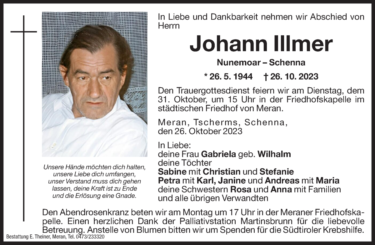 Traueranzeige für Johann Illmer vom 28.10.2023 aus Dolomiten