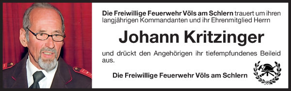 Traueranzeige von Johann Kritzinger von Dolomiten