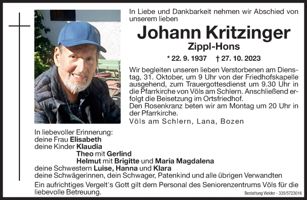 Traueranzeige von Johann Kritzinger von Dolomiten
