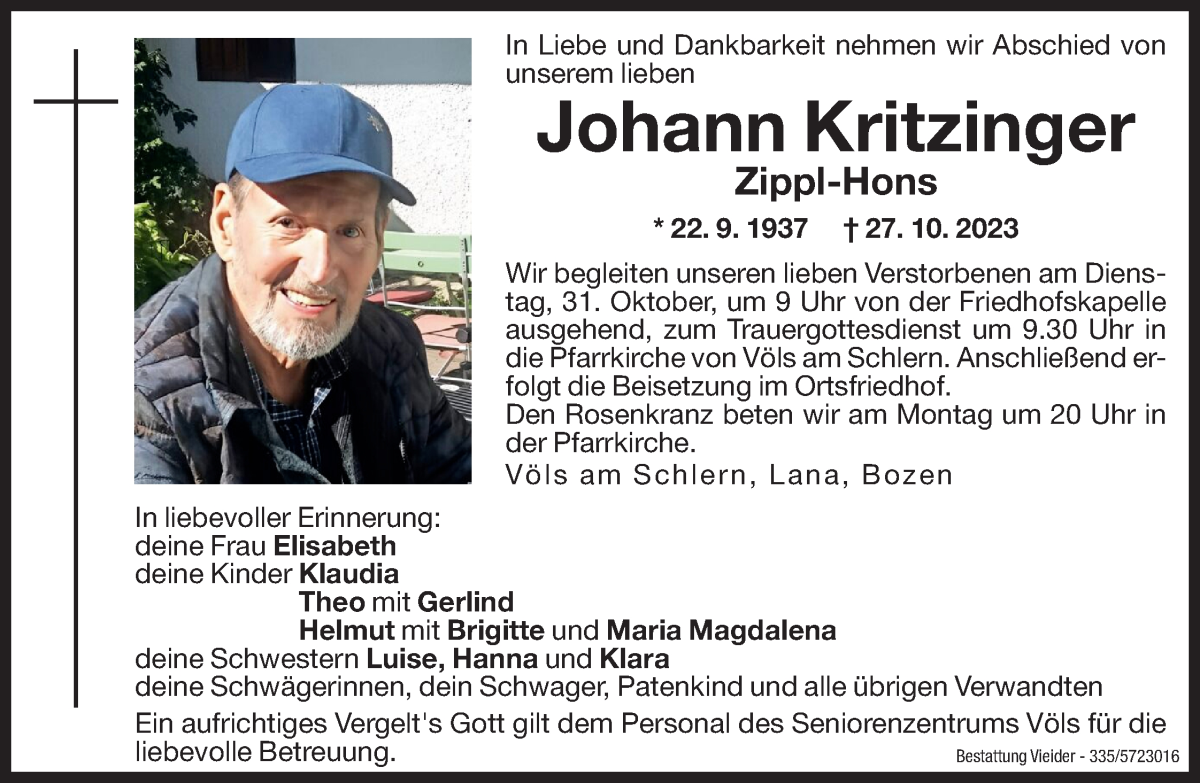  Traueranzeige für Johann Kritzinger vom 28.10.2023 aus Dolomiten