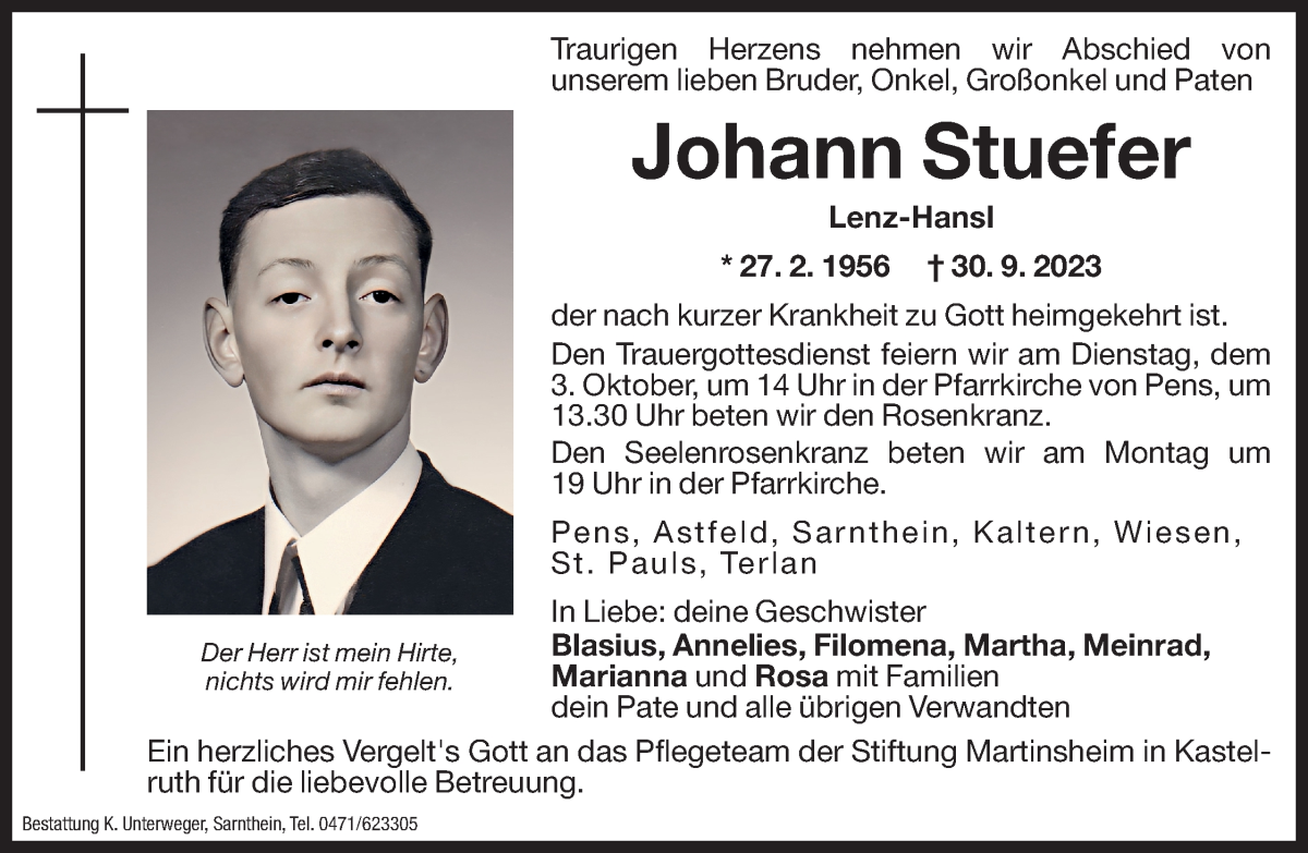  Traueranzeige für Johann Stuefer vom 02.10.2023 aus Dolomiten